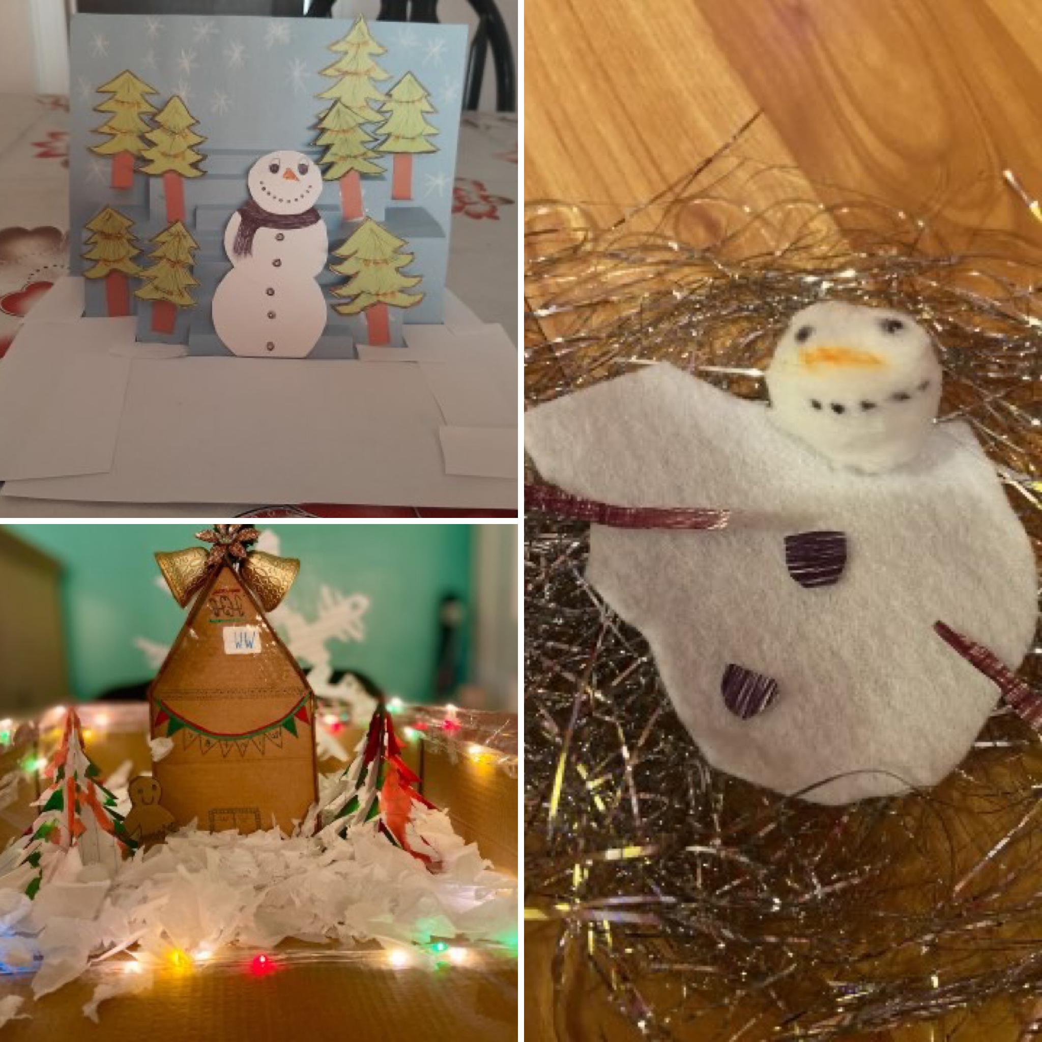 三张照片拼贴工艺YS学生 & 家庭制作，包括融化的雪人，姜饼屋，和弹出的冬季场景.